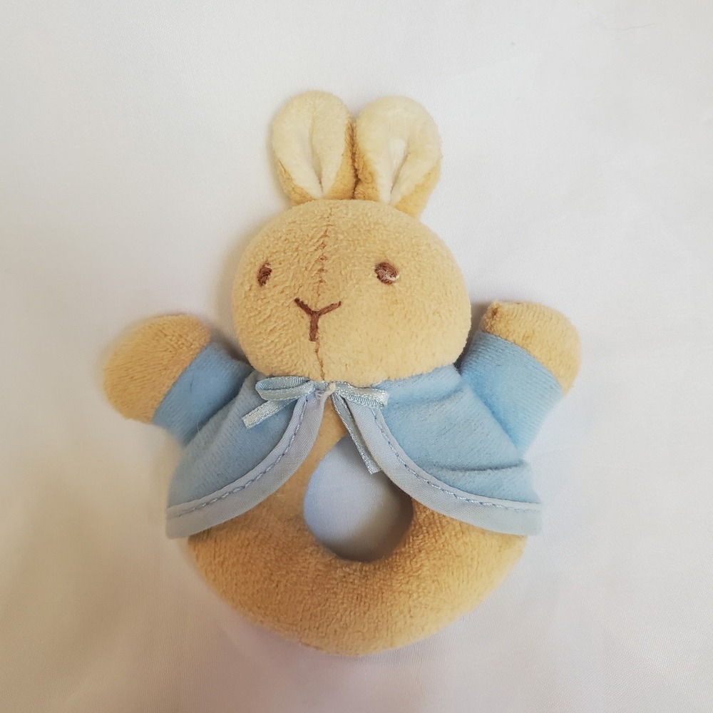 Eden‎ Bunny Rabbit Rattle Plush Hand Held 5" Vintage Baby Ring Toy Blue Easter